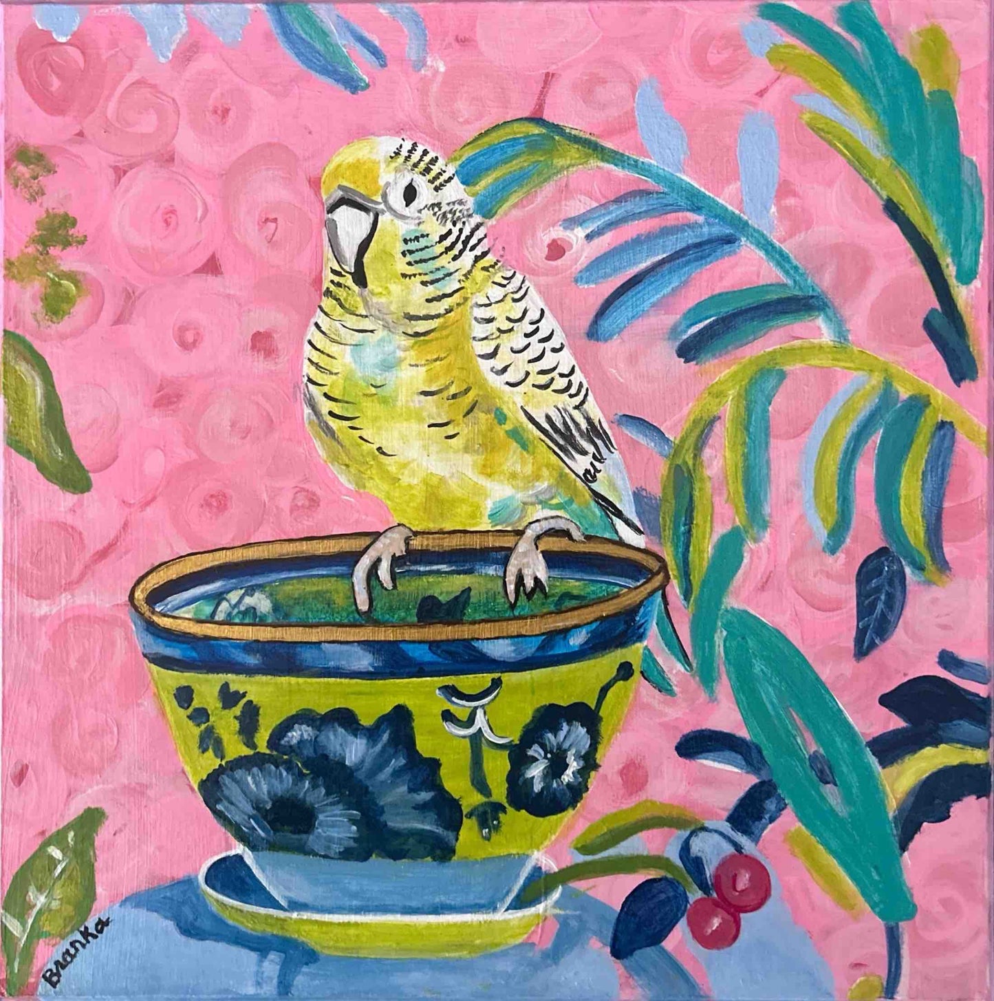 Budgie on a Flower Pot