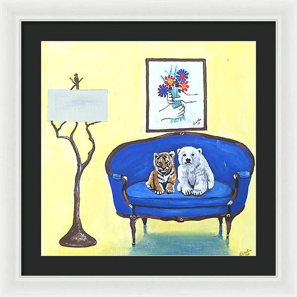 Baby tiger n bear on chair - Framed Print