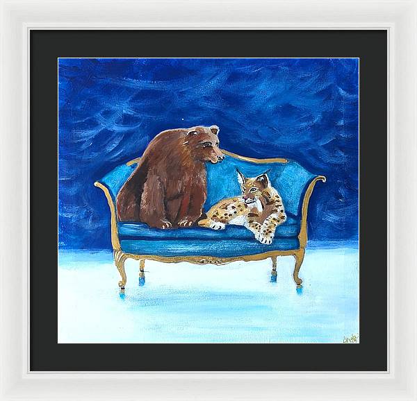 Brown bear and lynx on chair - Framed Print