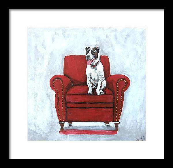 Dog on red chair - Framed Print