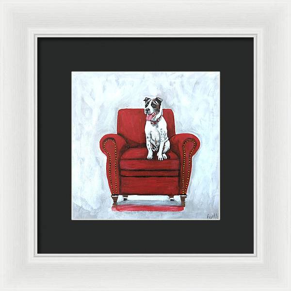 Dog on red chair - Framed Print