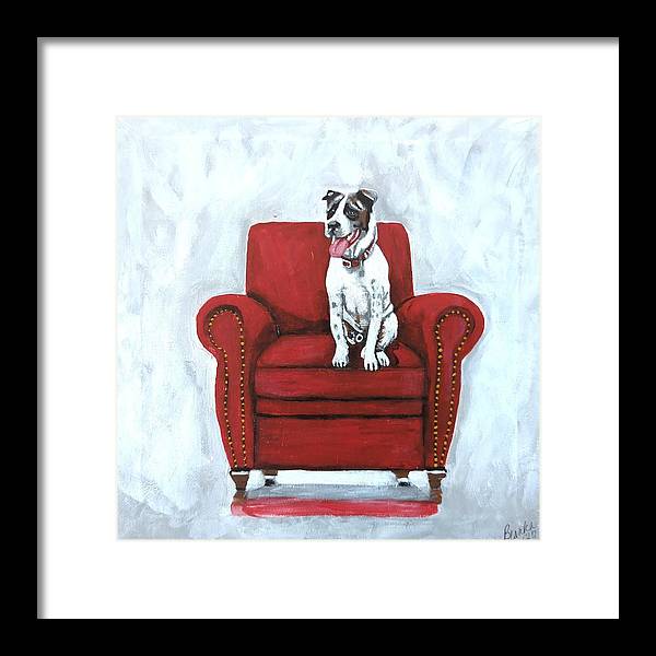 Dog on red chair - Framed Print