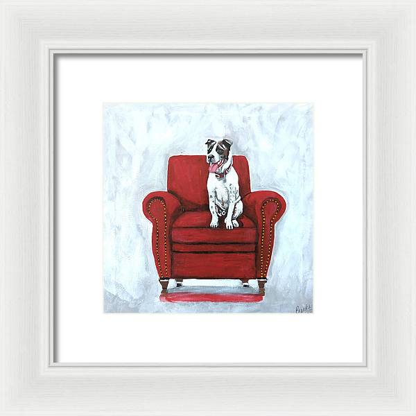 Dog on red chair - Framed Print
