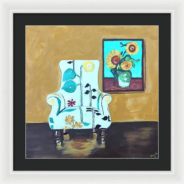 Empty chair sunflowers - Framed Print