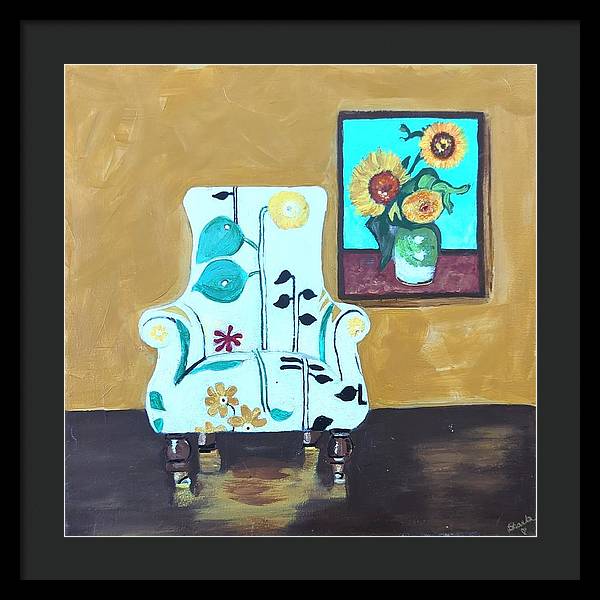 Empty chair sunflowers - Framed Print