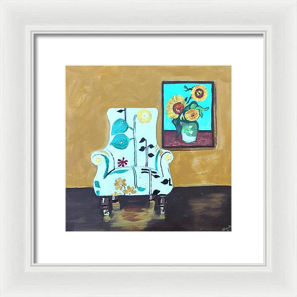 Empty chair sunflowers - Framed Print