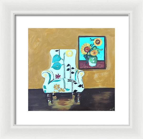 Empty chair sunflowers - Framed Print