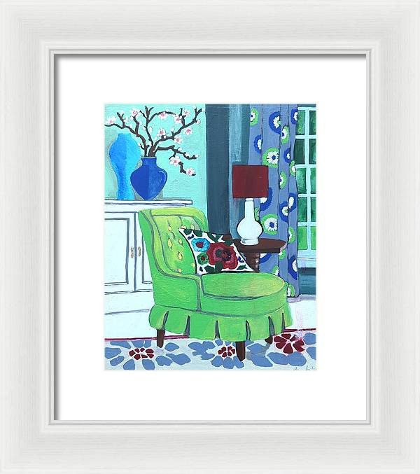 Empty lime green chair - Framed Print