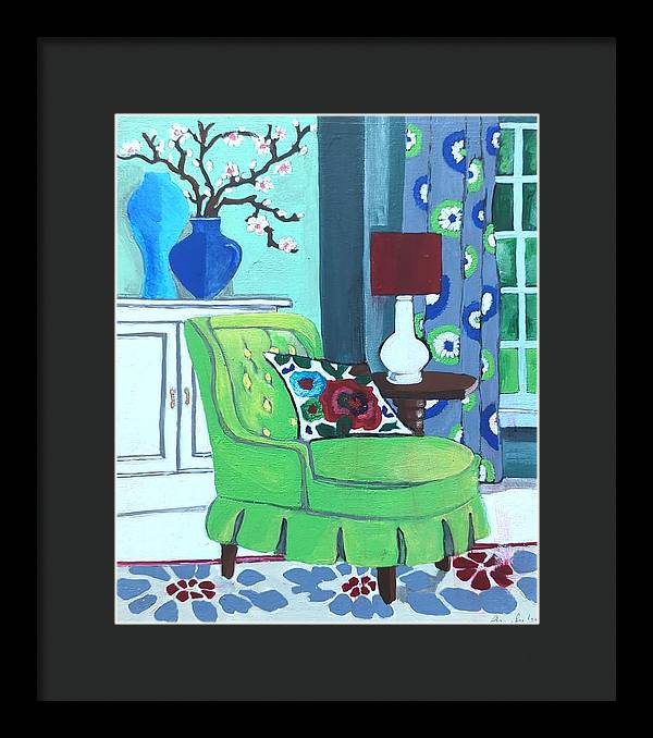 Empty lime green chair - Framed Print