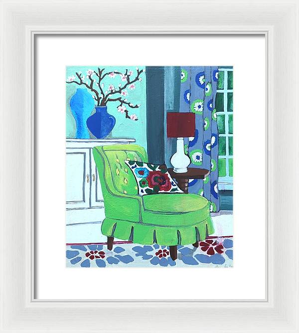 Empty lime green chair - Framed Print