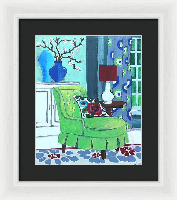 Empty lime green chair - Framed Print