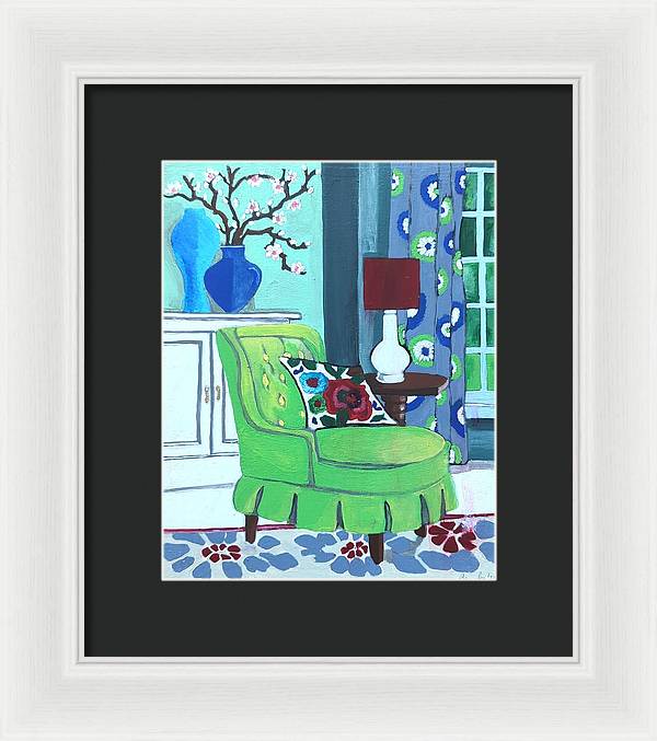 Empty lime green chair - Framed Print