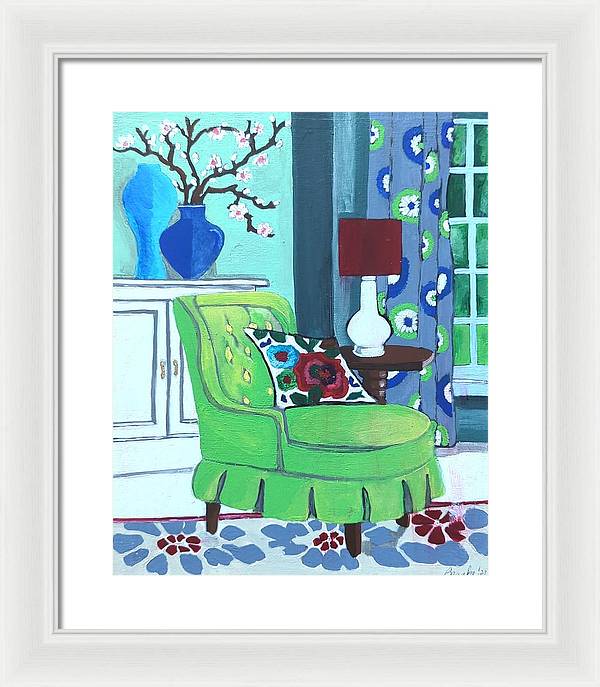 Empty lime green chair - Framed Print