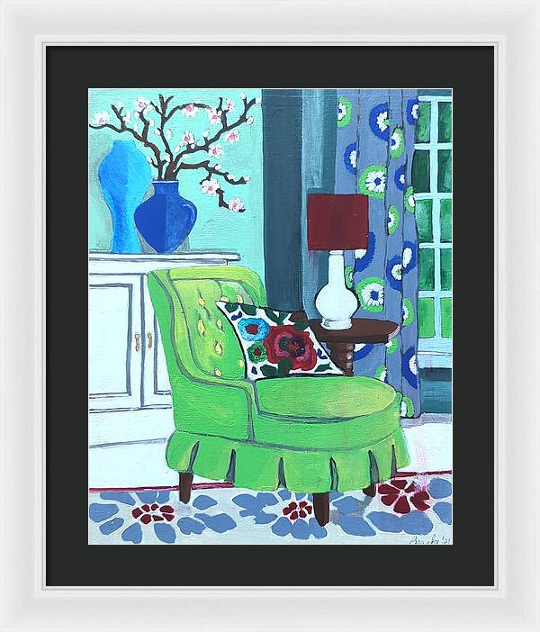 Empty lime green chair - Framed Print