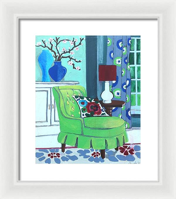 Empty lime green chair - Framed Print