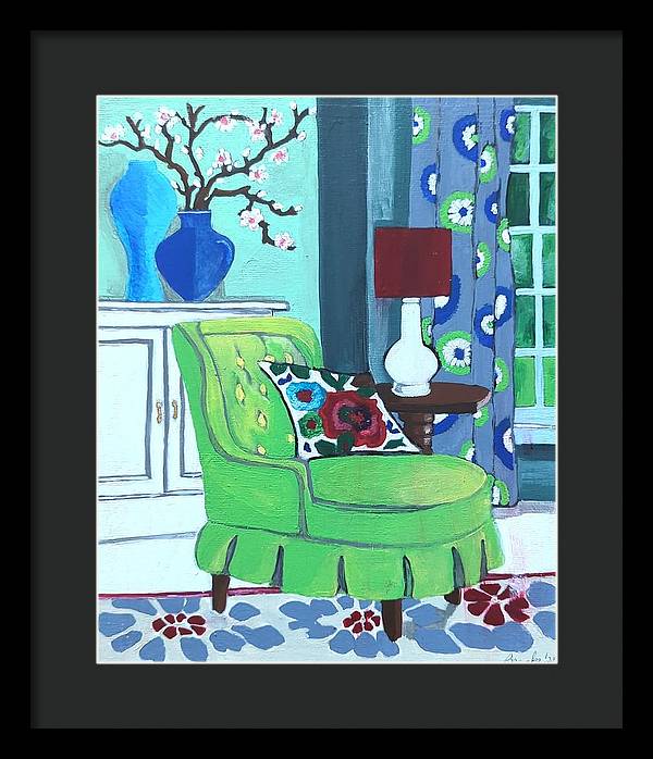 Empty lime green chair - Framed Print