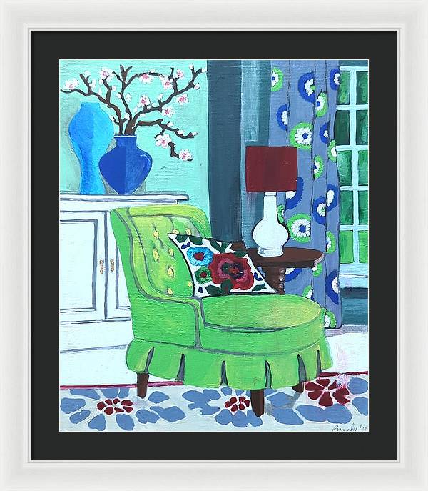 Empty lime green chair - Framed Print