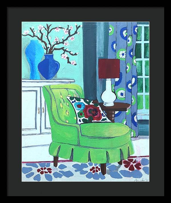 Empty lime green chair - Framed Print
