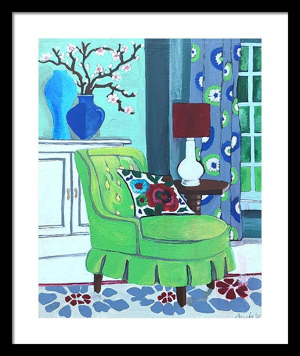 Empty lime green chair - Framed Print