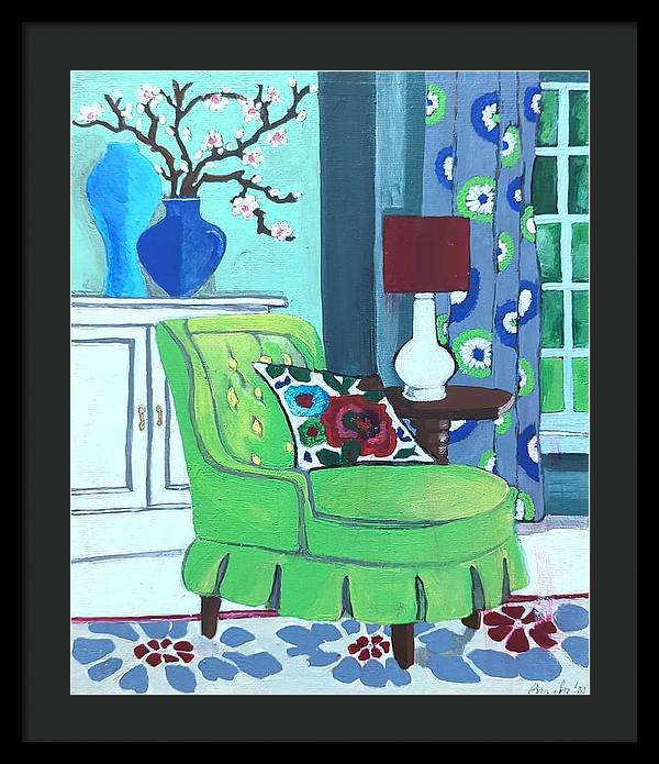 Empty lime green chair - Framed Print