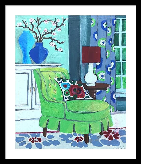 Empty lime green chair - Framed Print