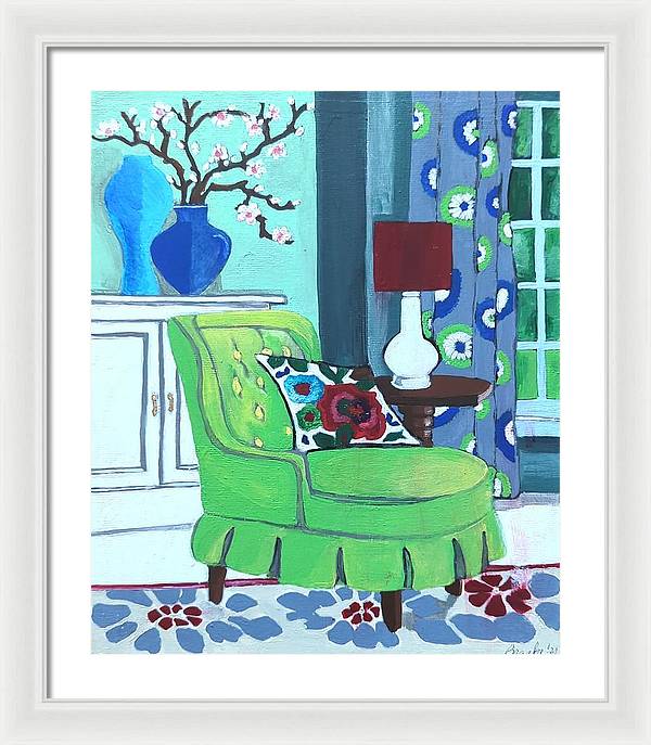 Empty lime green chair - Framed Print