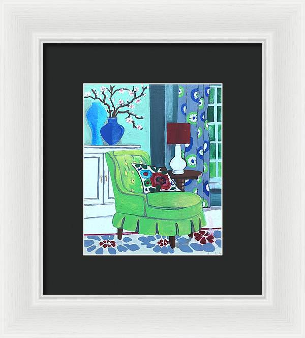 Empty lime green chair - Framed Print