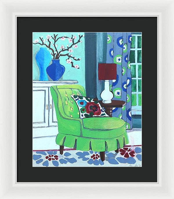 Empty lime green chair - Framed Print