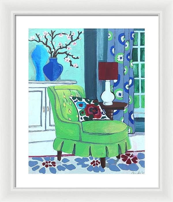 Empty lime green chair - Framed Print