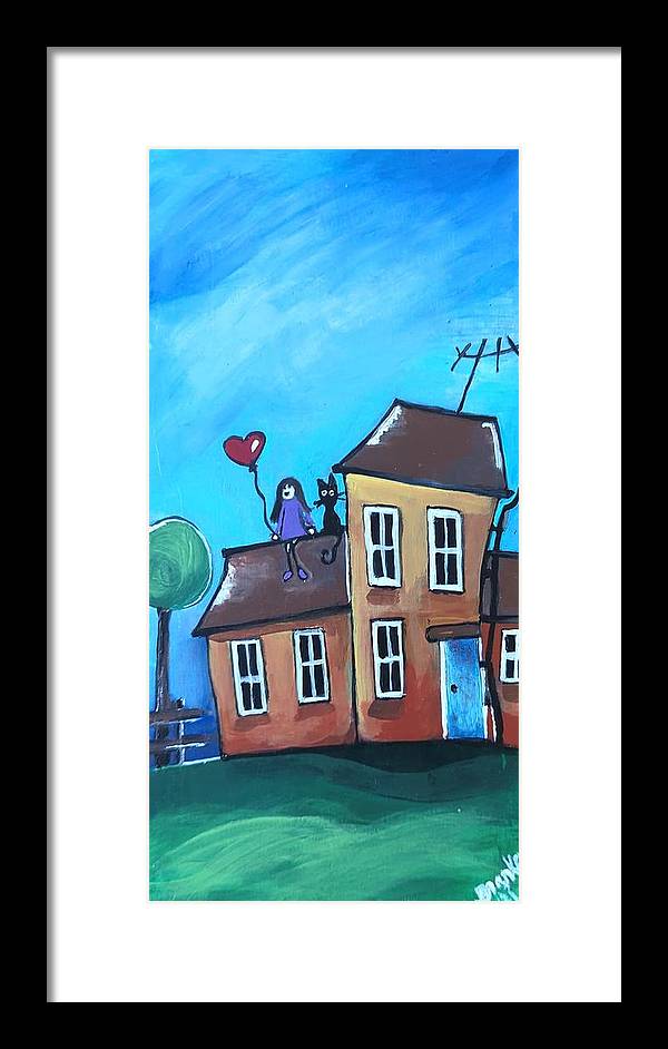 Fairy House 1 Girl Cat on Roof - Framed Print