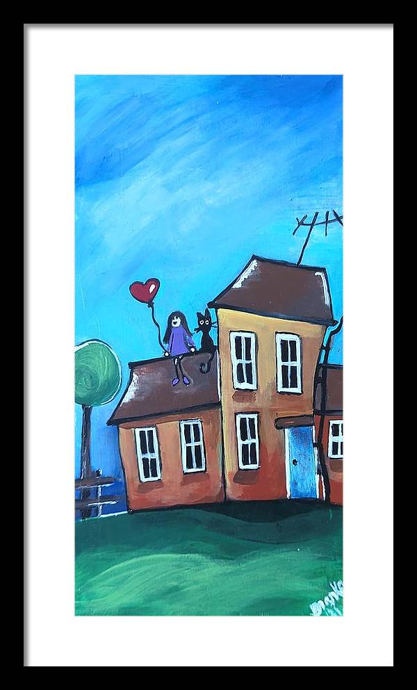 Fairy House 1 Girl Cat on Roof - Framed Print