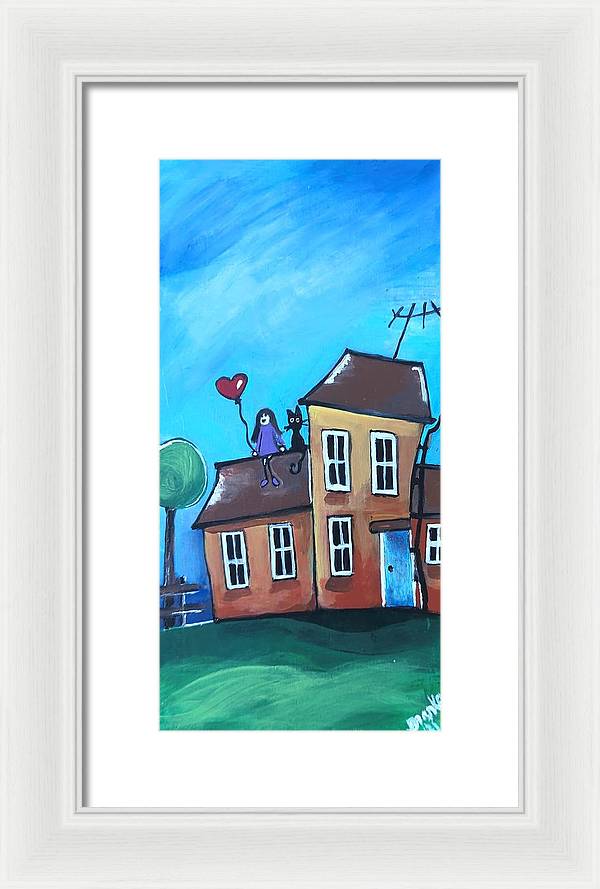 Fairy House 1 Girl Cat on Roof - Framed Print