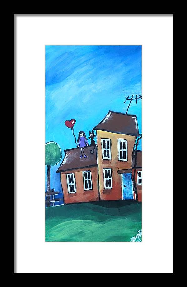 Fairy House 1 Girl Cat on Roof - Framed Print