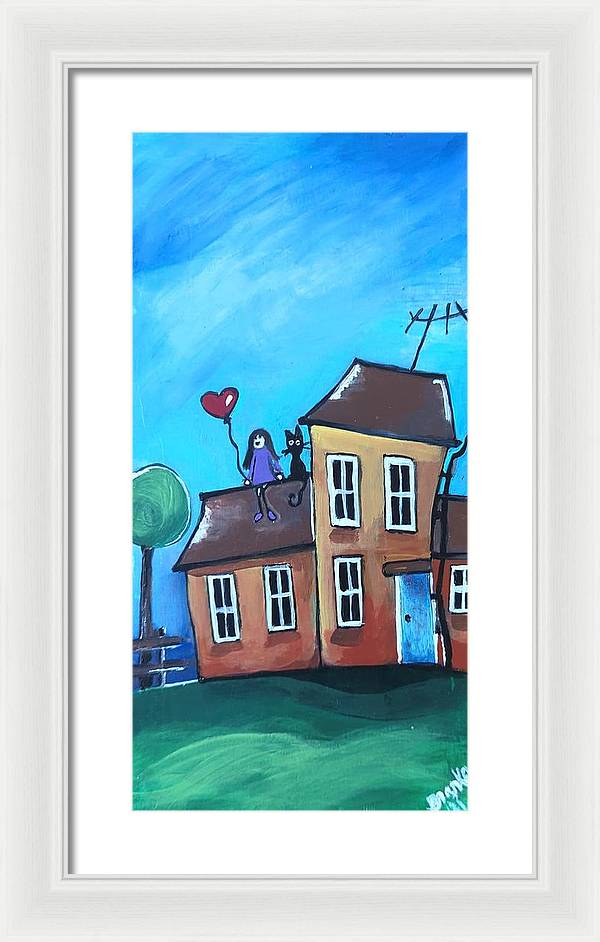 Fairy House 1 Girl Cat on Roof - Framed Print
