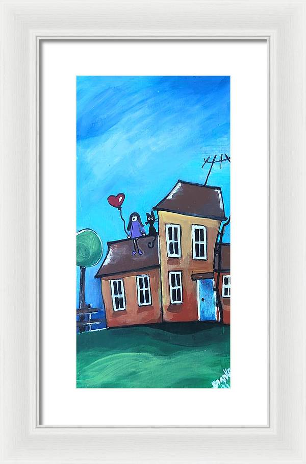 Fairy House 1 Girl Cat on Roof - Framed Print