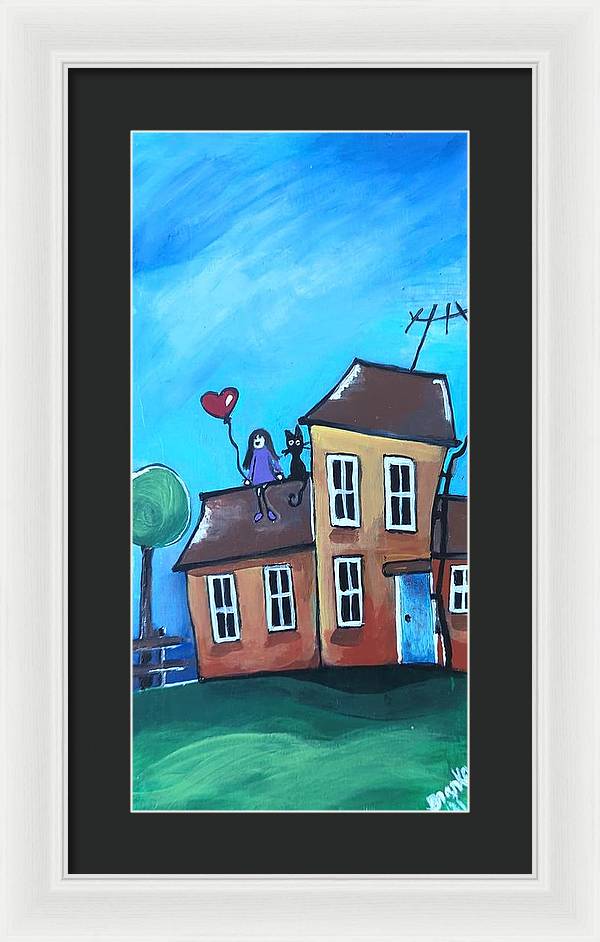 Fairy House 1 Girl Cat on Roof - Framed Print