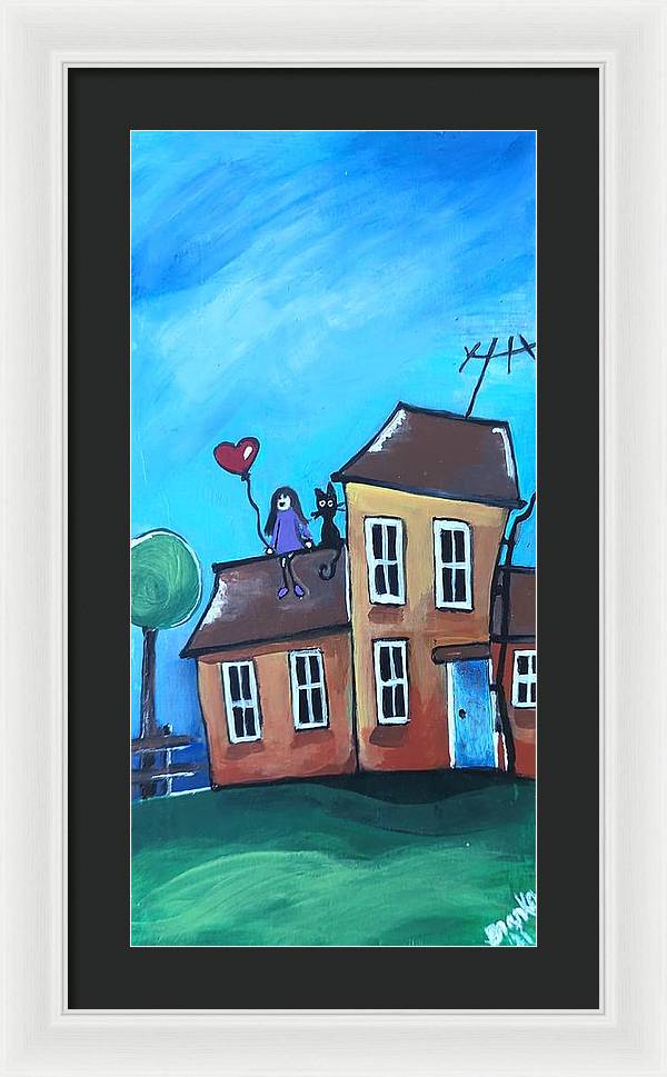 Fairy House 1 Girl Cat on Roof - Framed Print