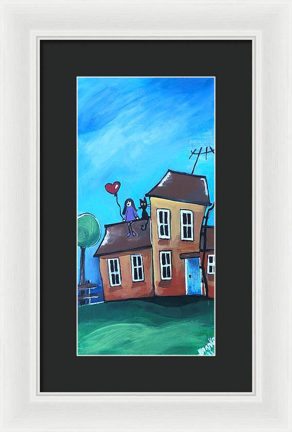 Fairy House 1 Girl Cat on Roof - Framed Print