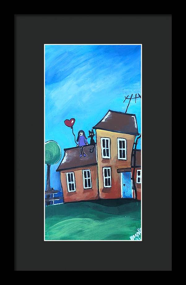 Fairy House 1 Girl Cat on Roof - Framed Print