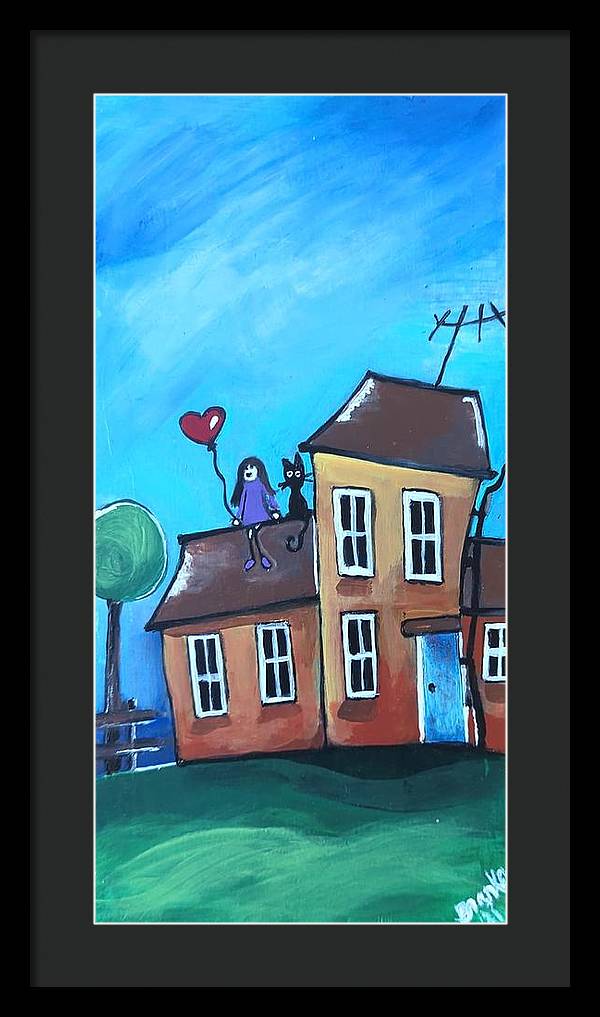 Fairy House 1 Girl Cat on Roof - Framed Print