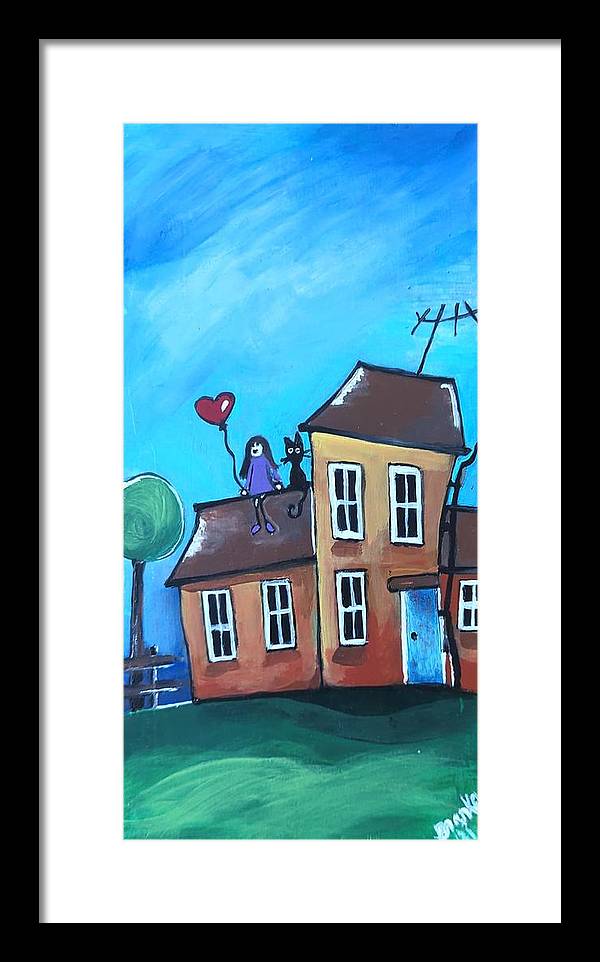 Fairy House 1 Girl Cat on Roof - Framed Print