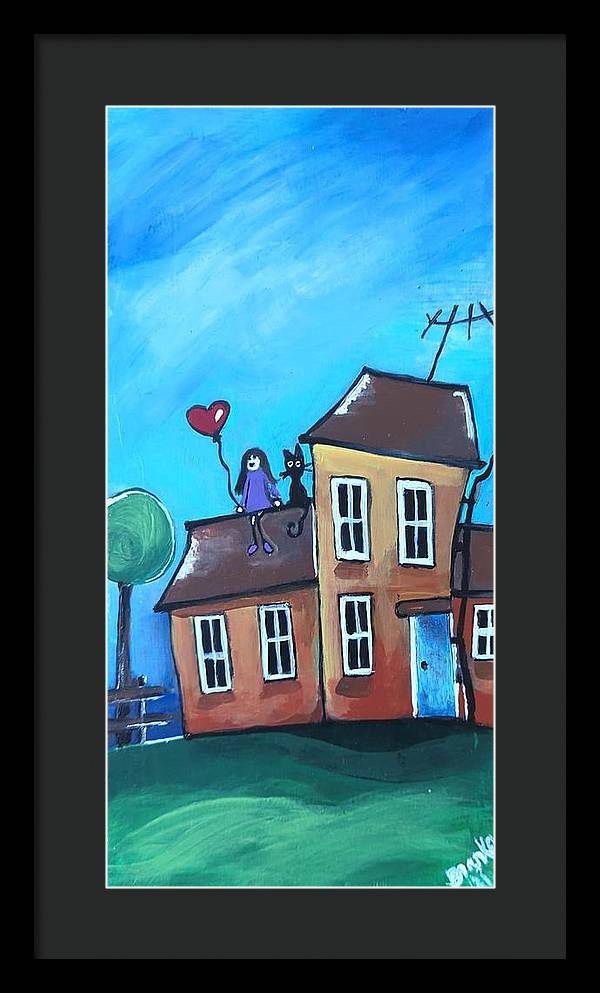 Fairy House 1 Girl Cat on Roof - Framed Print