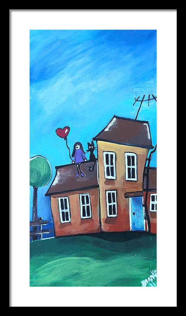 Fairy House 1 Girl Cat on Roof - Framed Print