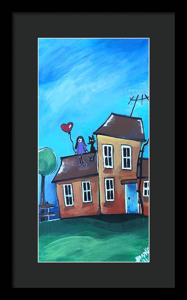 Fairy House 1 Girl Cat on Roof - Framed Print