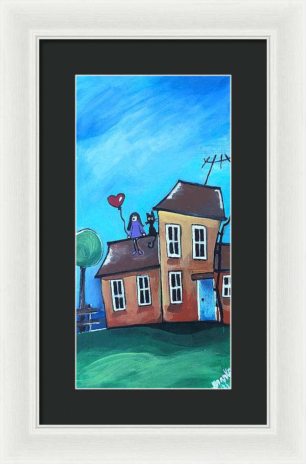 Fairy House 1 Girl Cat on Roof - Framed Print