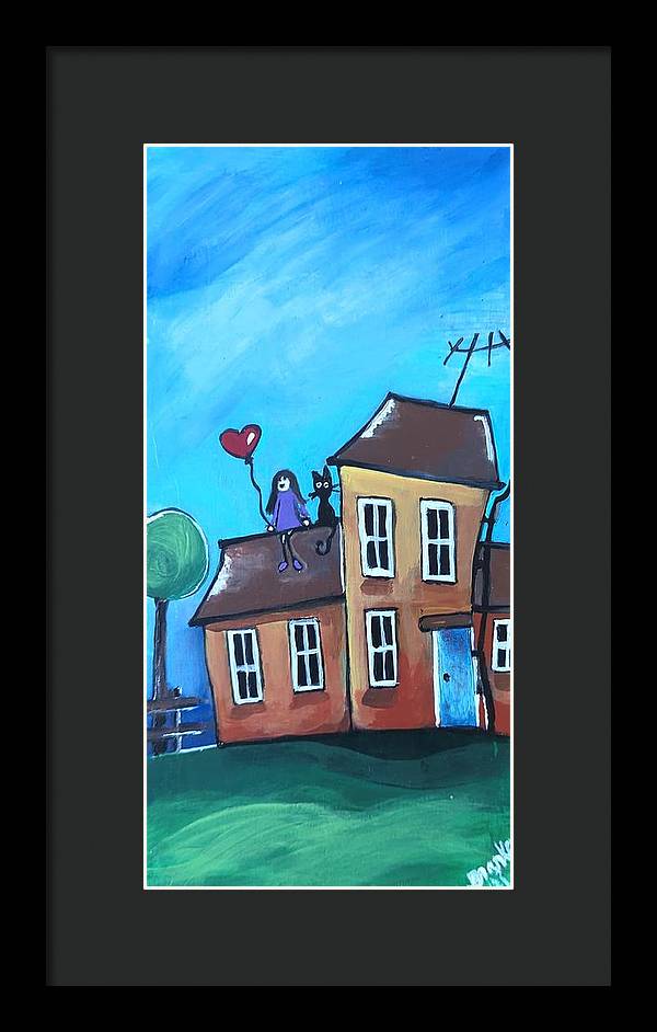 Fairy House 1 Girl Cat on Roof - Framed Print