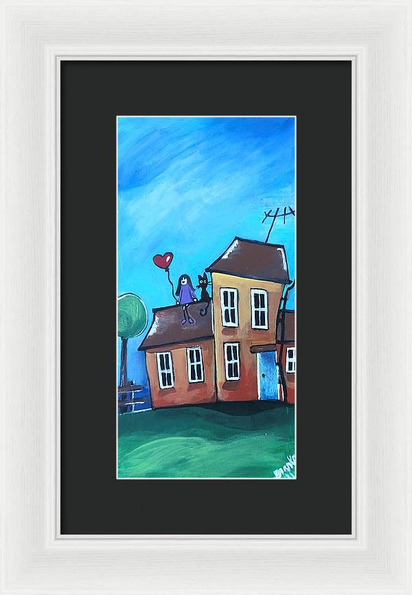 Fairy House 1 Girl Cat on Roof - Framed Print