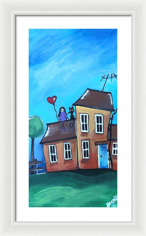 Fairy House 1 Girl Cat on Roof - Framed Print