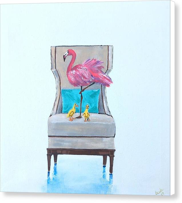 Flamingo n baby ducks on chair - Canvas Print