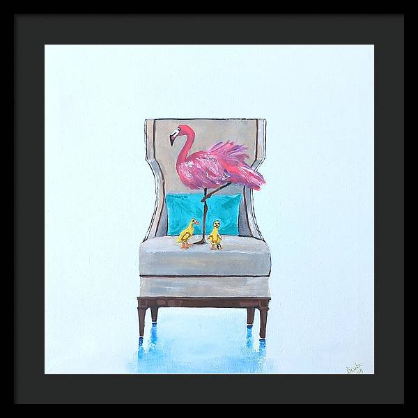 Flamingo n baby ducks on chair - Framed Print